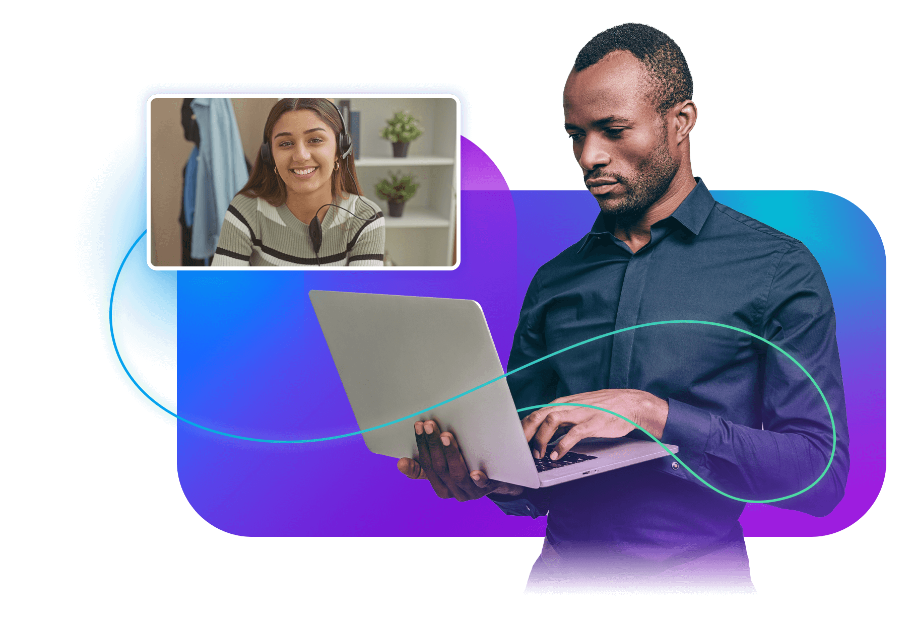 A man holding a laptop, speaking with a Quest Team Member over a video call