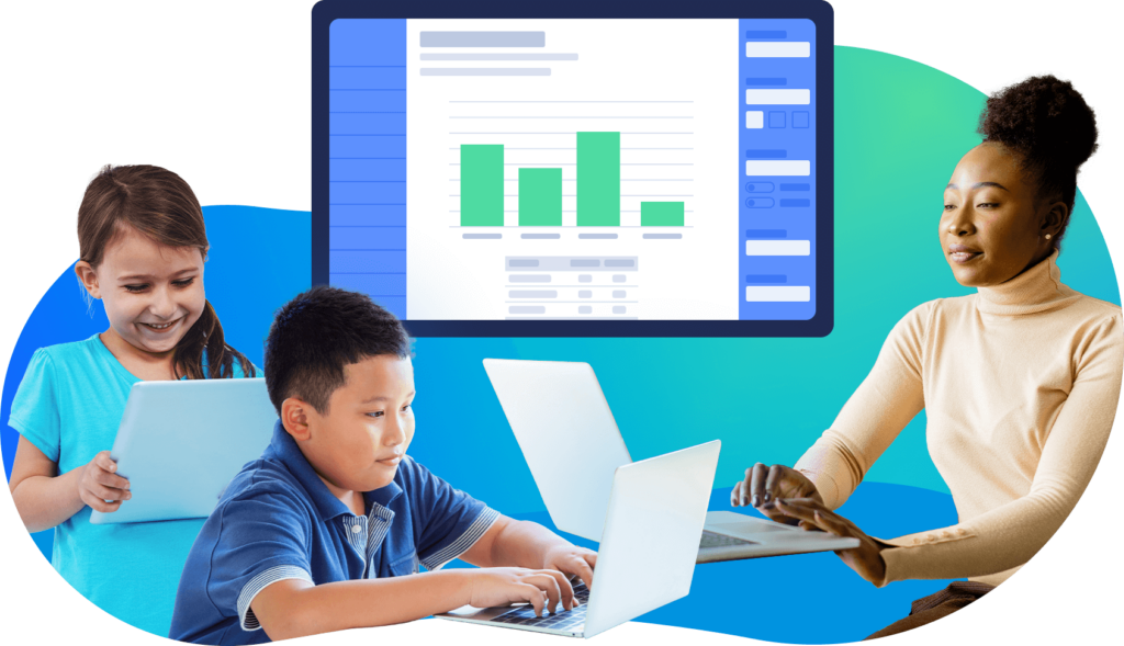 Three users—a young girl with a tablet, a boy with a laptop, and an adult woman on a laptop—interact with the Quest platform.
